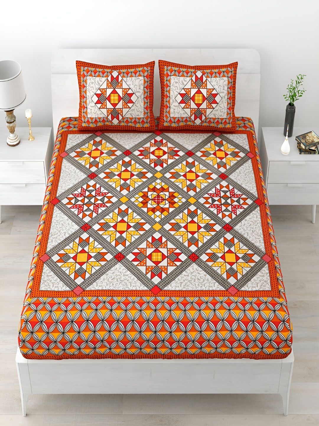 

Aura Orange & Grey Geometric Cotton 120 TC Queen Bedsheet with 2 Pillow Covers