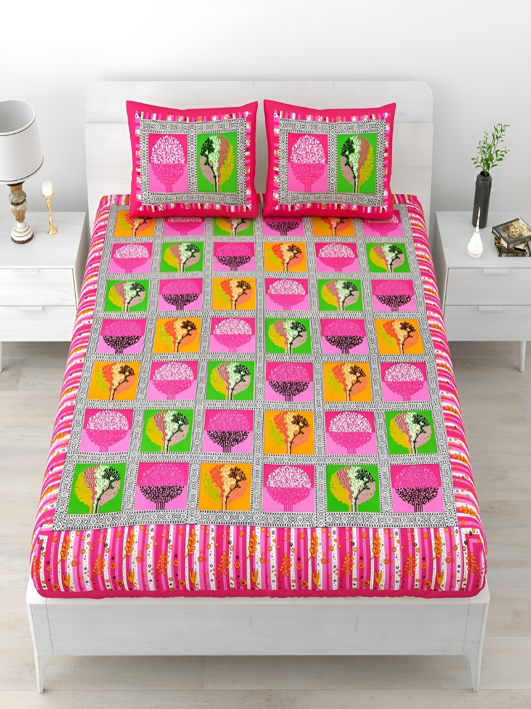 

Aura Pink & Green Abstract Cotton 120 TC Queen Bedsheet with 2 Pillow Covers
