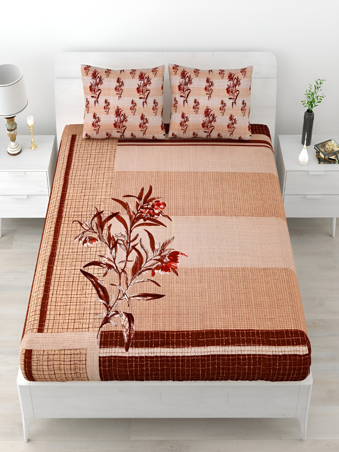 

Aura Brown Floral Cotton 120 TC Queen Bedsheet with 2 Pillow Covers
