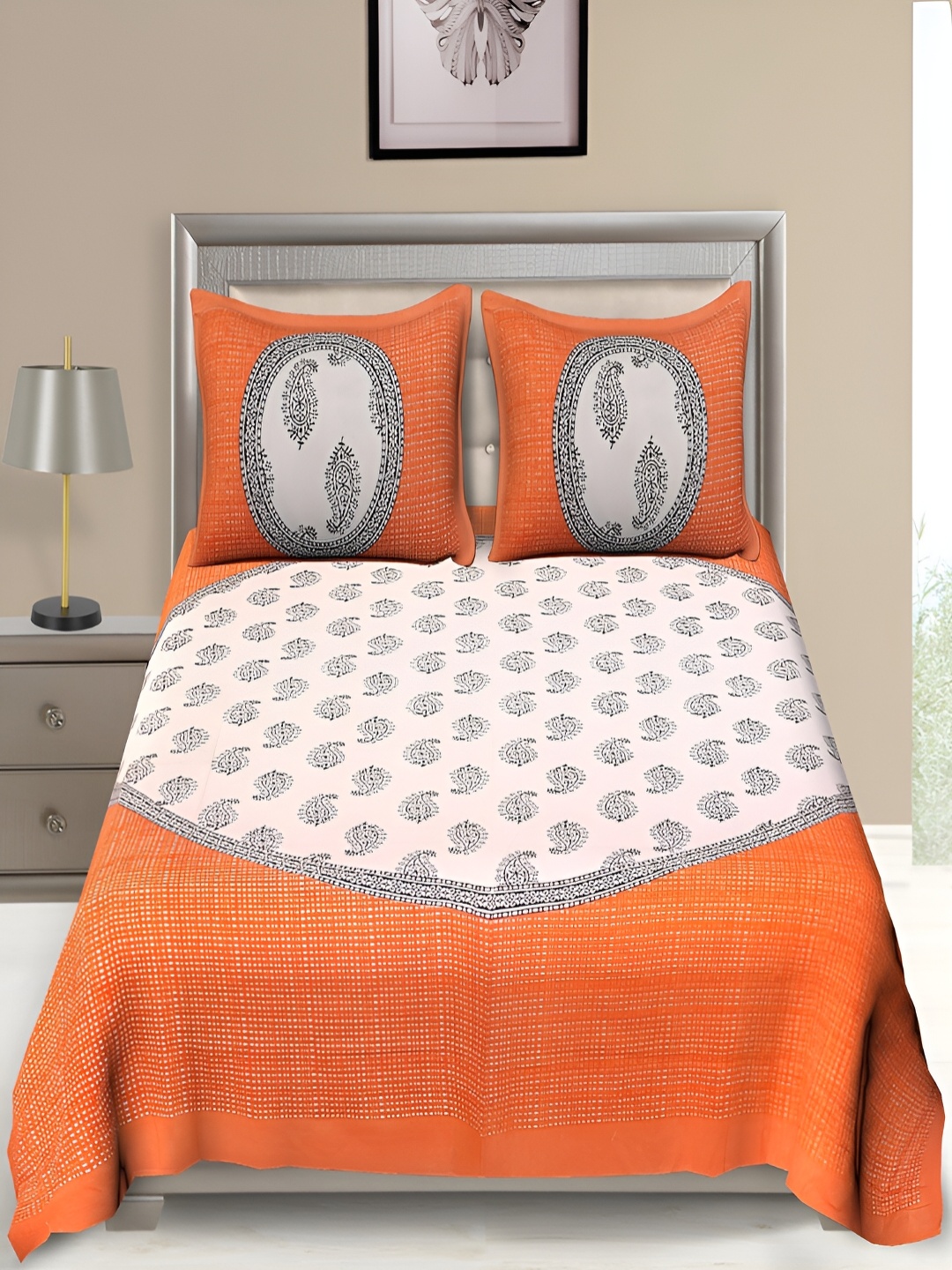 

Aura Orange & White Ethnic Motifs Cotton 120 TC Queen Bedsheet with 2 Pillow Covers