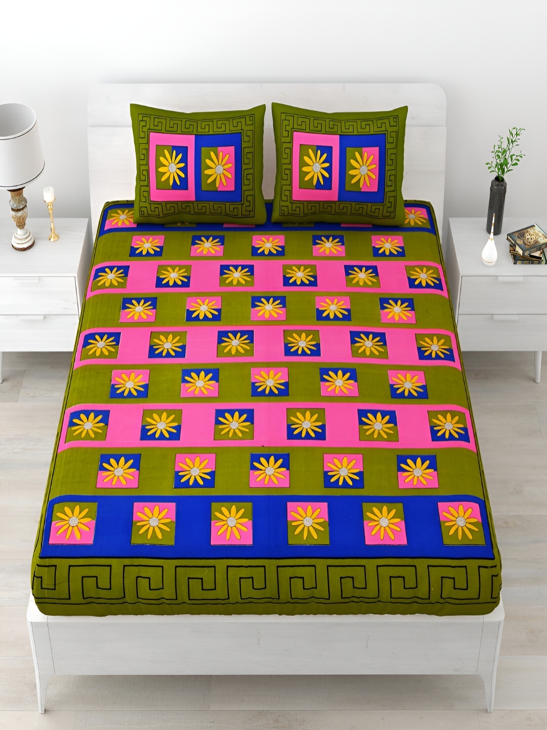 

Aura Green & Blue Floral Cotton 120 TC Queen Bedsheet with 2 Pillow Covers