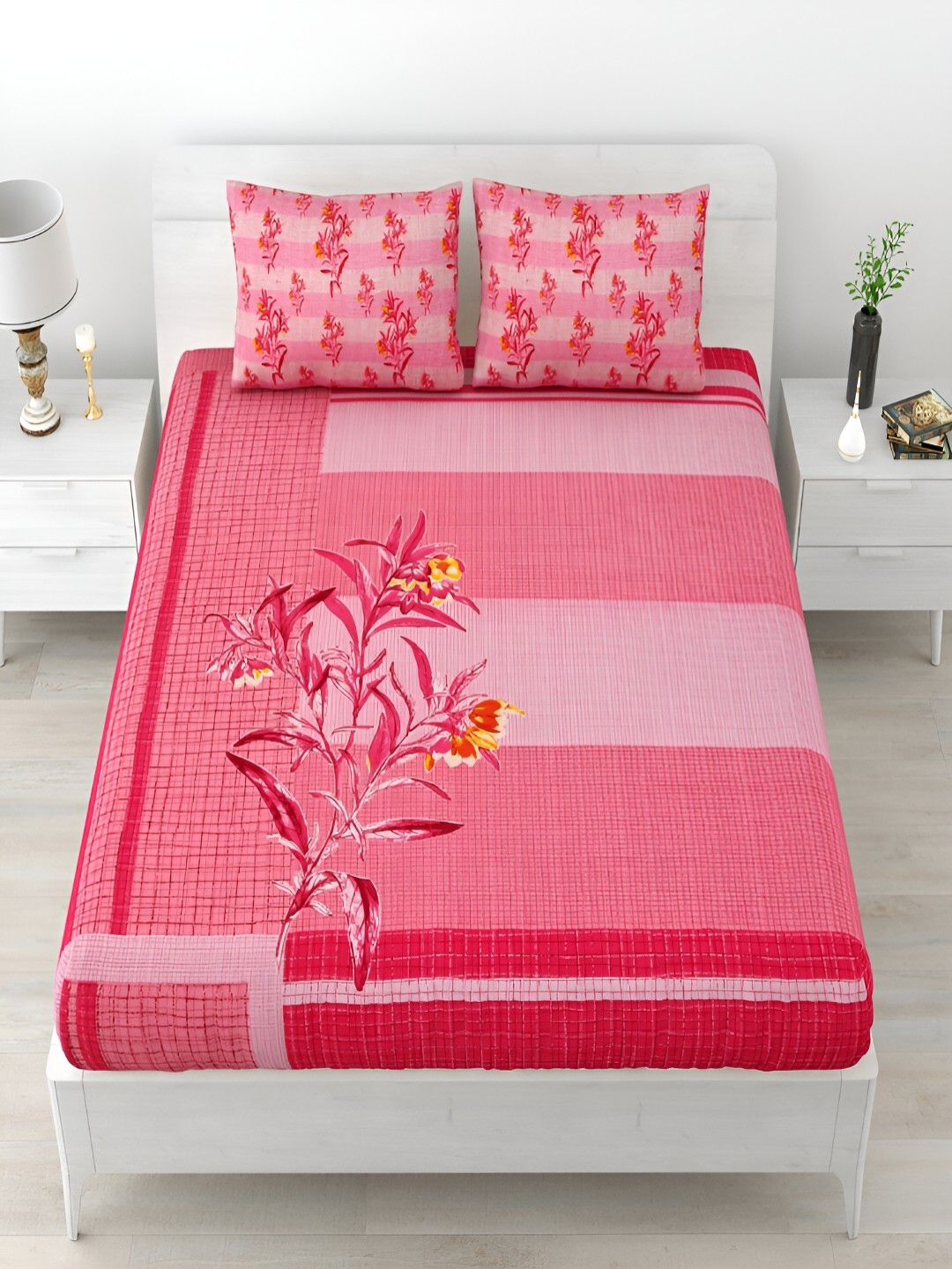

Aura Pink & Yellow Floral Cotton 120 TC Queen Bedsheet with 2 Pillow Covers