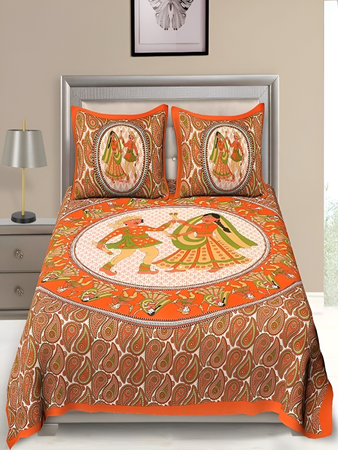 

Aura Orange & Green Ethnic Motifs Cotton 120 TC Queen Double Bedsheet With 2 Pillow Covers