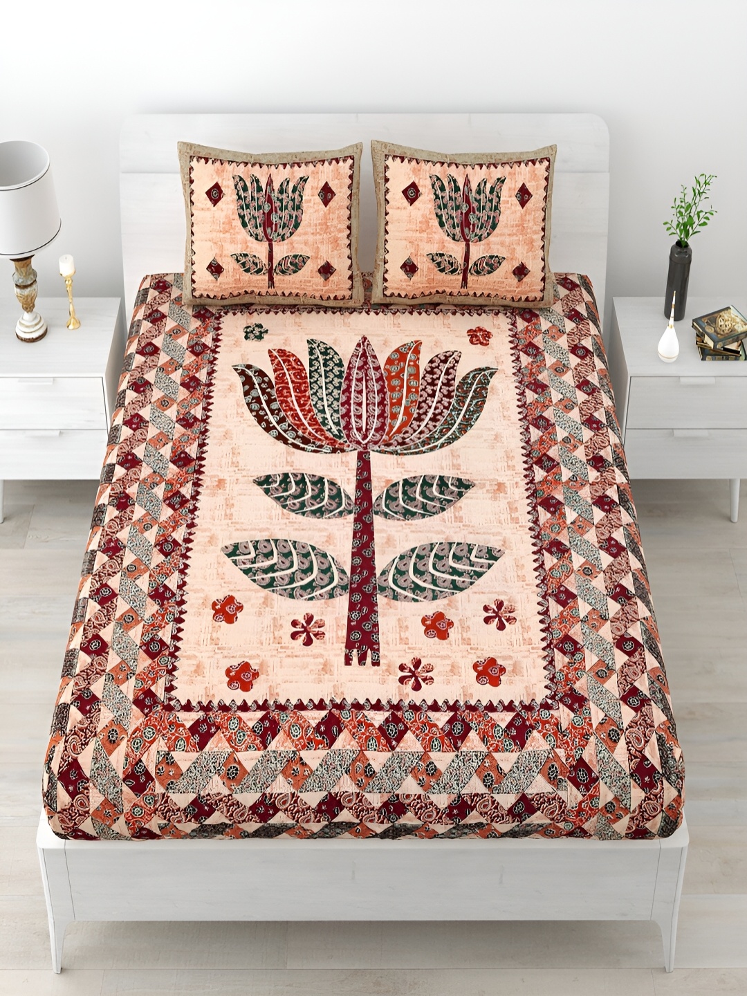 

Aura Maroon & Green Ethnic Motifs Cotton 120 TC Queen Bedsheet with 2 Pillow Covers