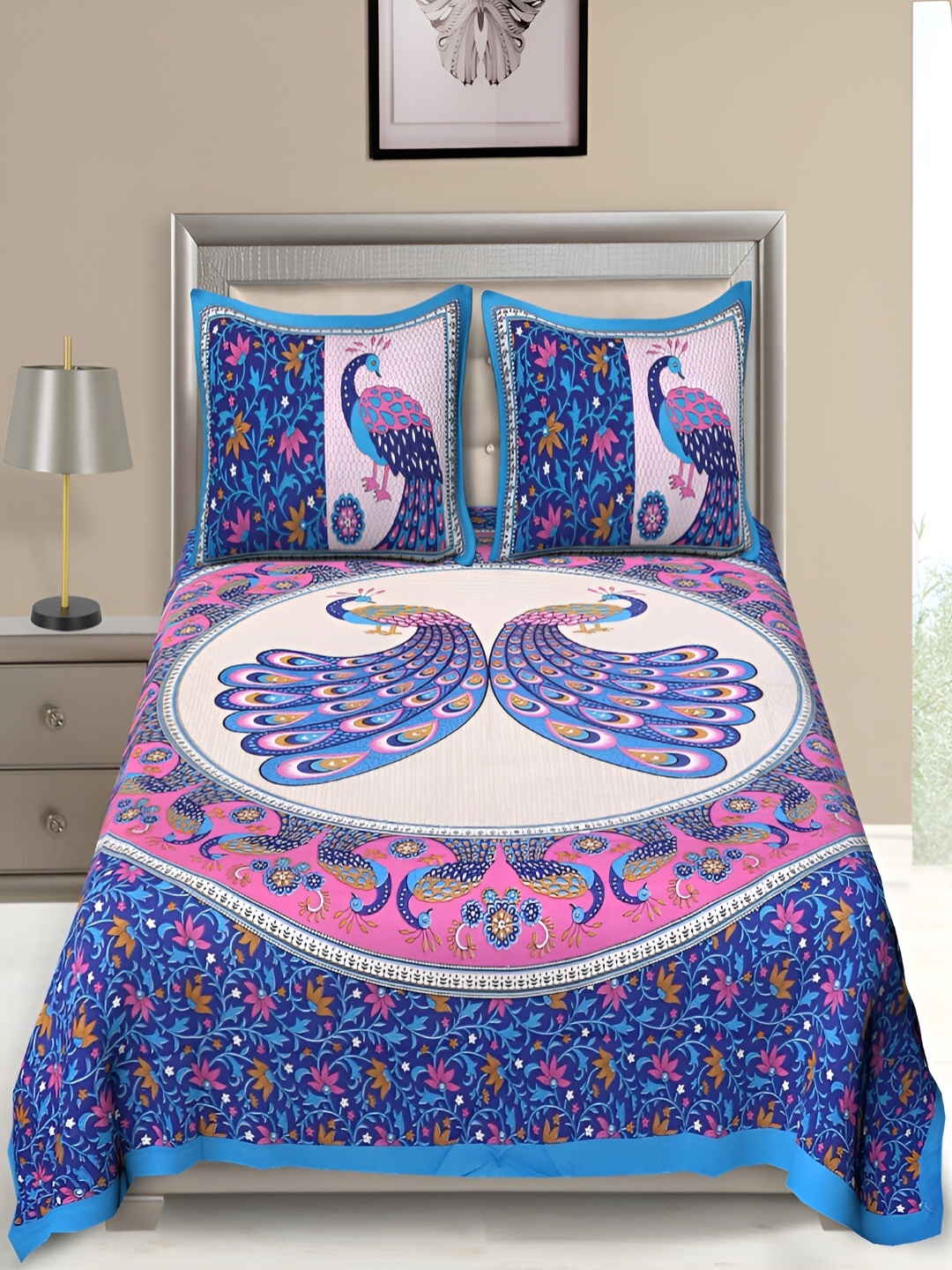 

Aura Blue & White Ethnic Motifs 120 TC Queen Bedsheet with 2 Pillow Covers