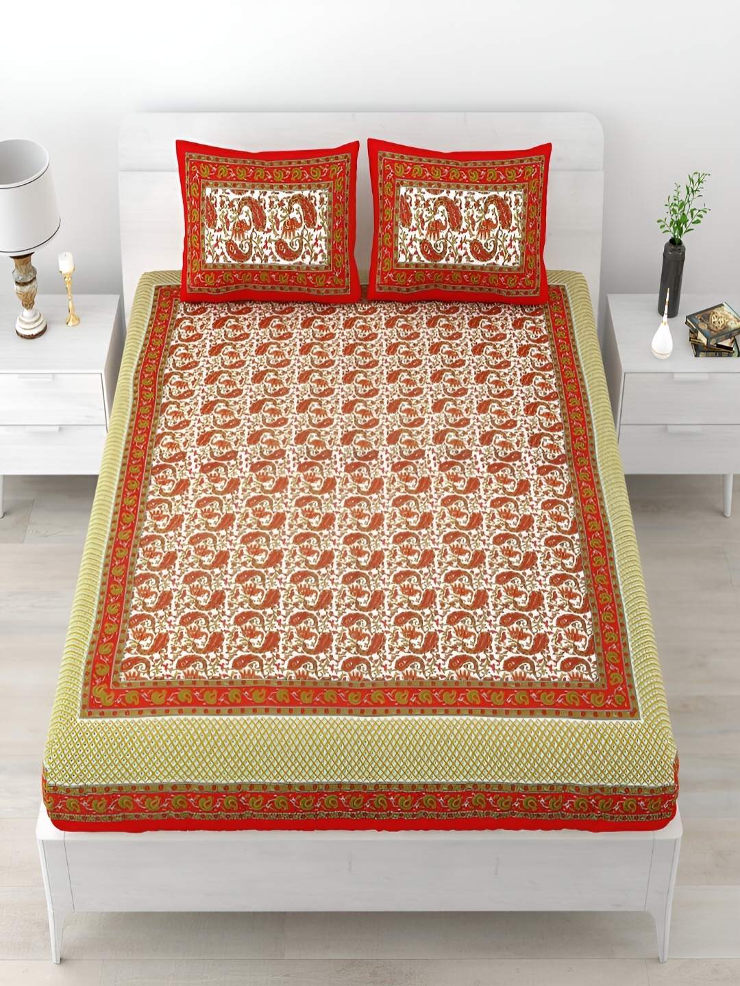 

Aura Red & White Ethnic Motifs Printed Cotton 120 TC Queen Bedsheet with 2 Pillow Covers