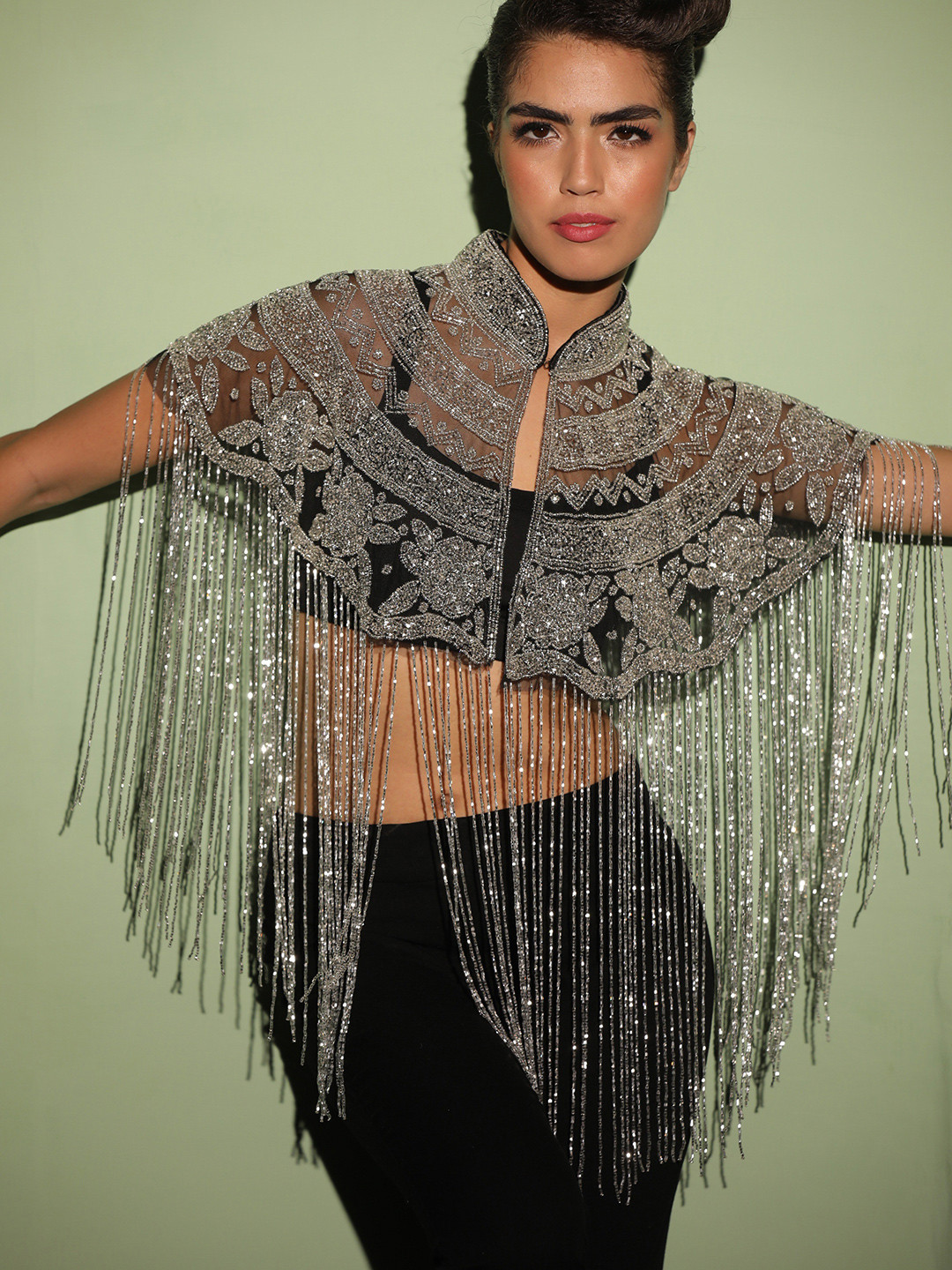 

MODARTA Embellished Tassels Cape, Silver