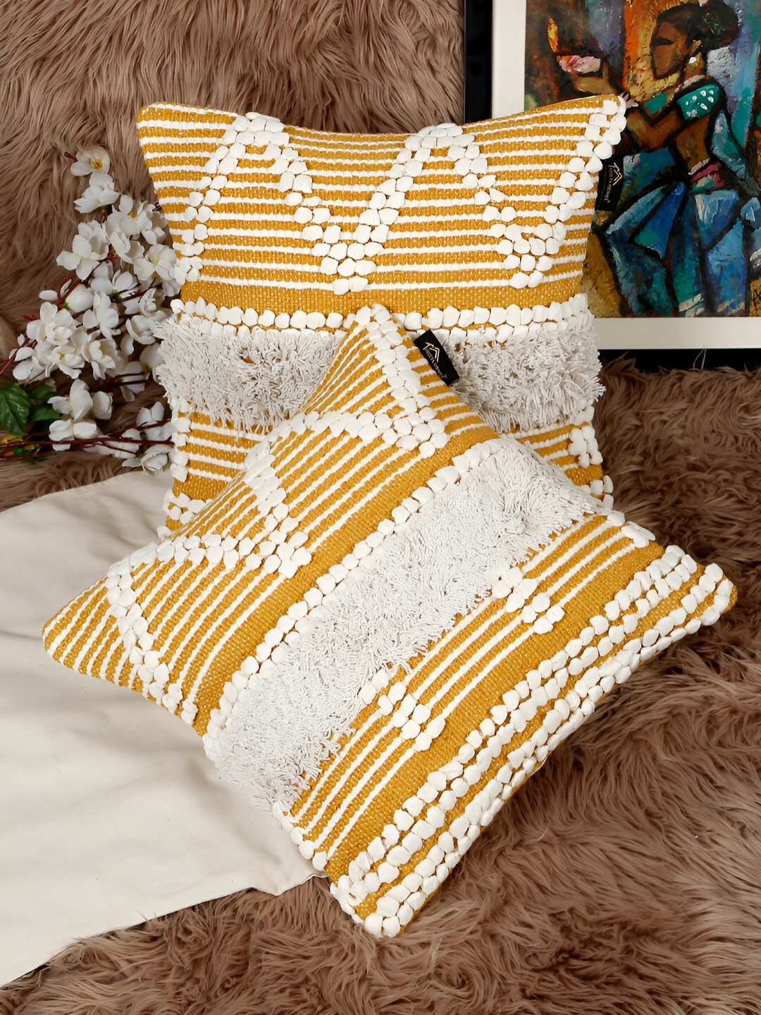 

HOSTA HOMES Yellow & White 2 Pieces Geometric Cotton Square Cushion Covers