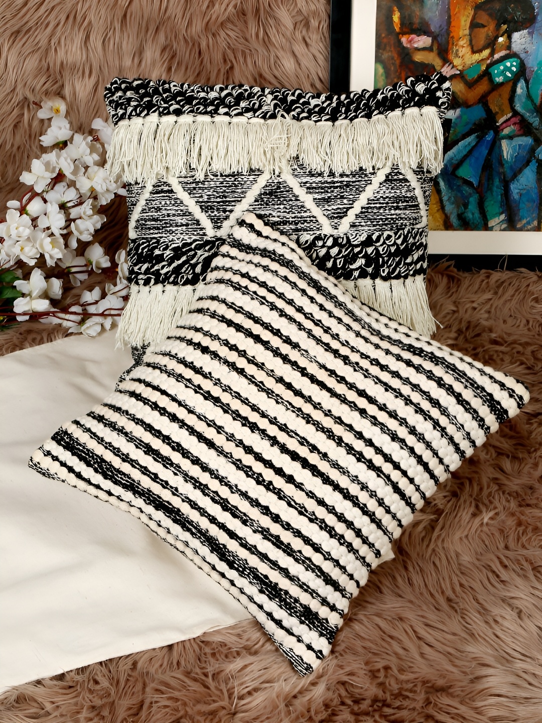 

HOSTA HOMES Black & White 2 Pieces Geometric Cotton Square Cushion Covers