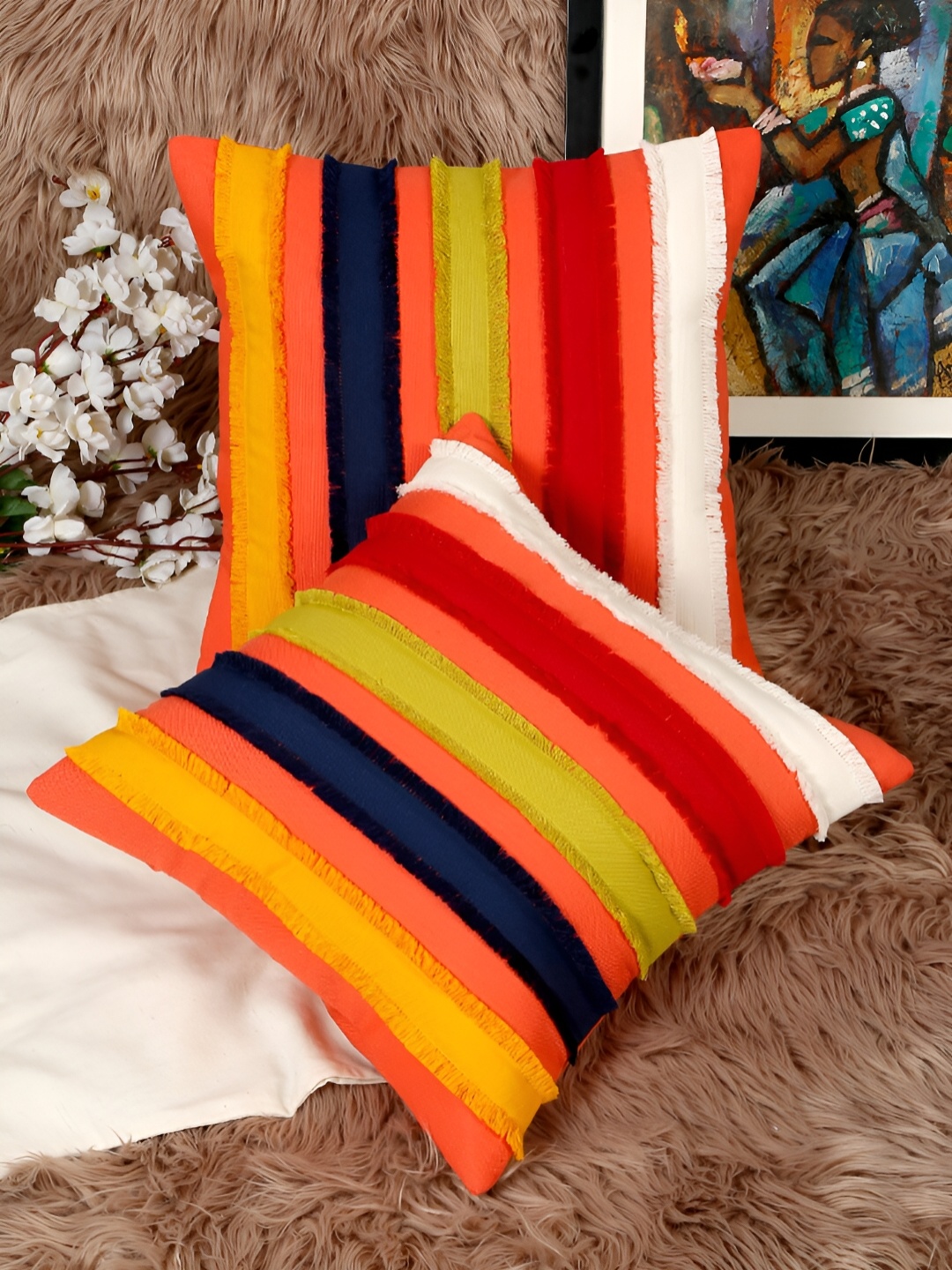 

HOSTA HOMES Orange & Navy Blue 2 Pieces Striped Cotton Square Cushion Covers