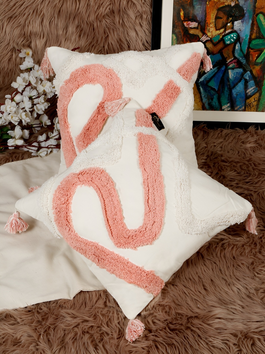 

HOSTA HOMES Pink & Off White 2 Pieces Abstract Cotton Square Cushion Covers