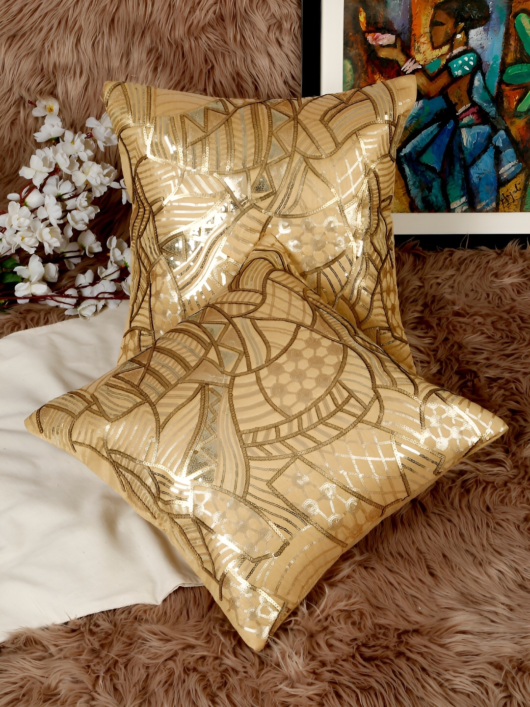 

HOSTA HOMES Beige & Gold-Toned 2 Pieces Ethnic Motifs Square Cushion Covers