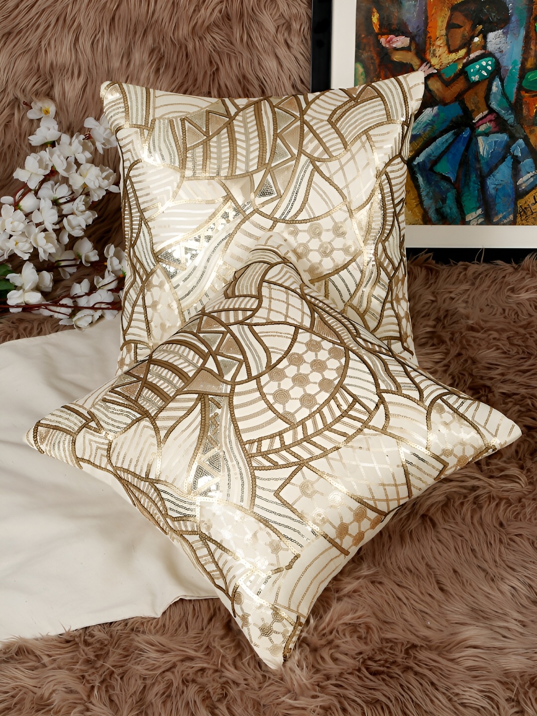 

HOSTA HOMES Cream-Coloured 2 Pieces Ethnic Motifs Square Cushion Covers