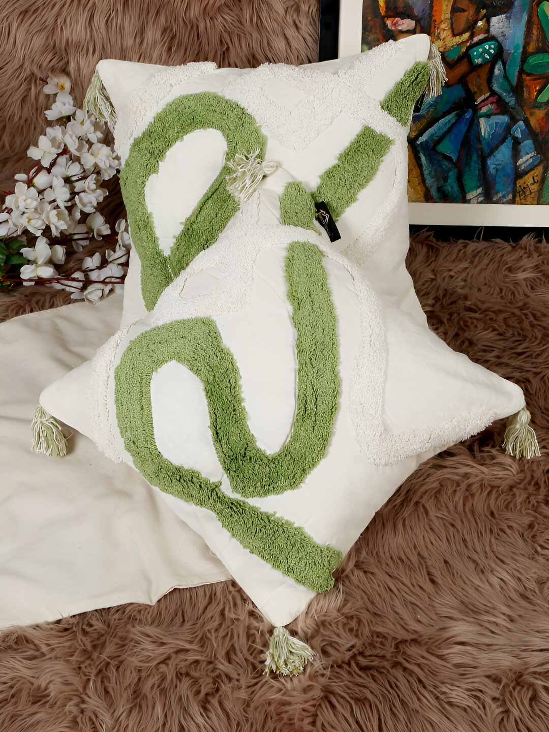 

HOSTA HOMES Green & White 2 Pieces Abstract Cotton Square Cushion Covers