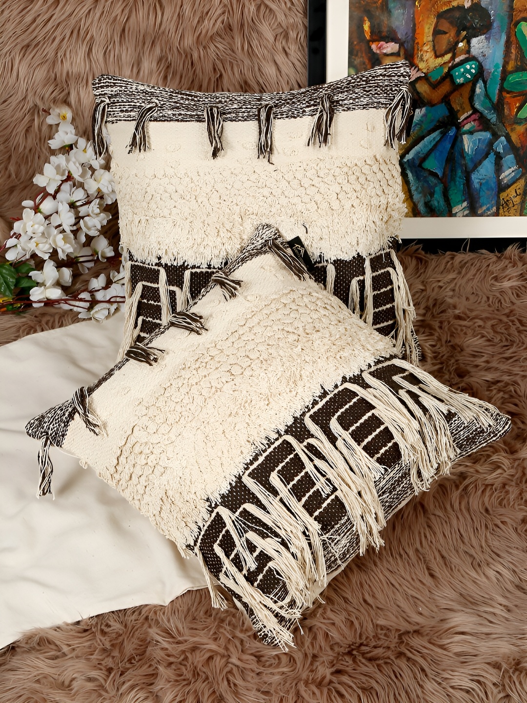 

HOSTA HOMES Brown & Off White 2 Pieces Abstract Cotton Square Cushion Covers