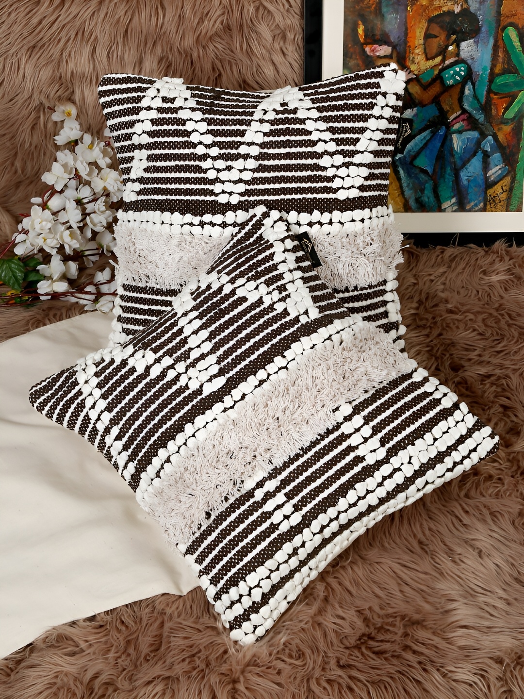 

HOSTA HOMES Brown & White 2 Pieces Geometric Cotton Square Cushion Covers
