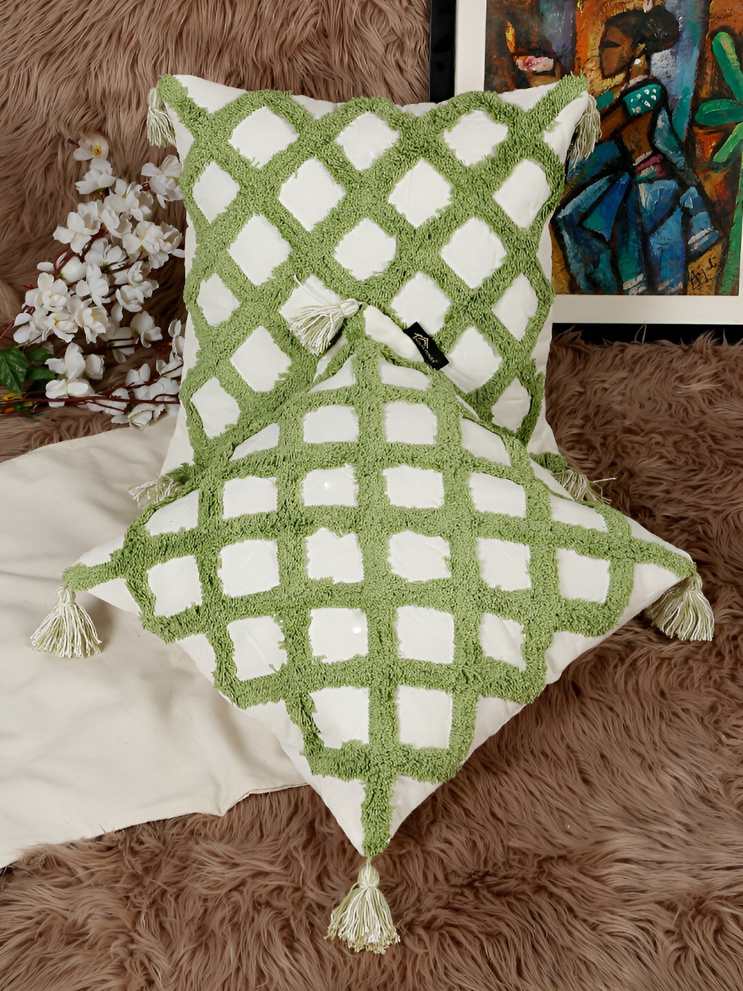 

HOSTA HOMES Green & White 2 Pieces Geometric Cotton Square Cushion Covers