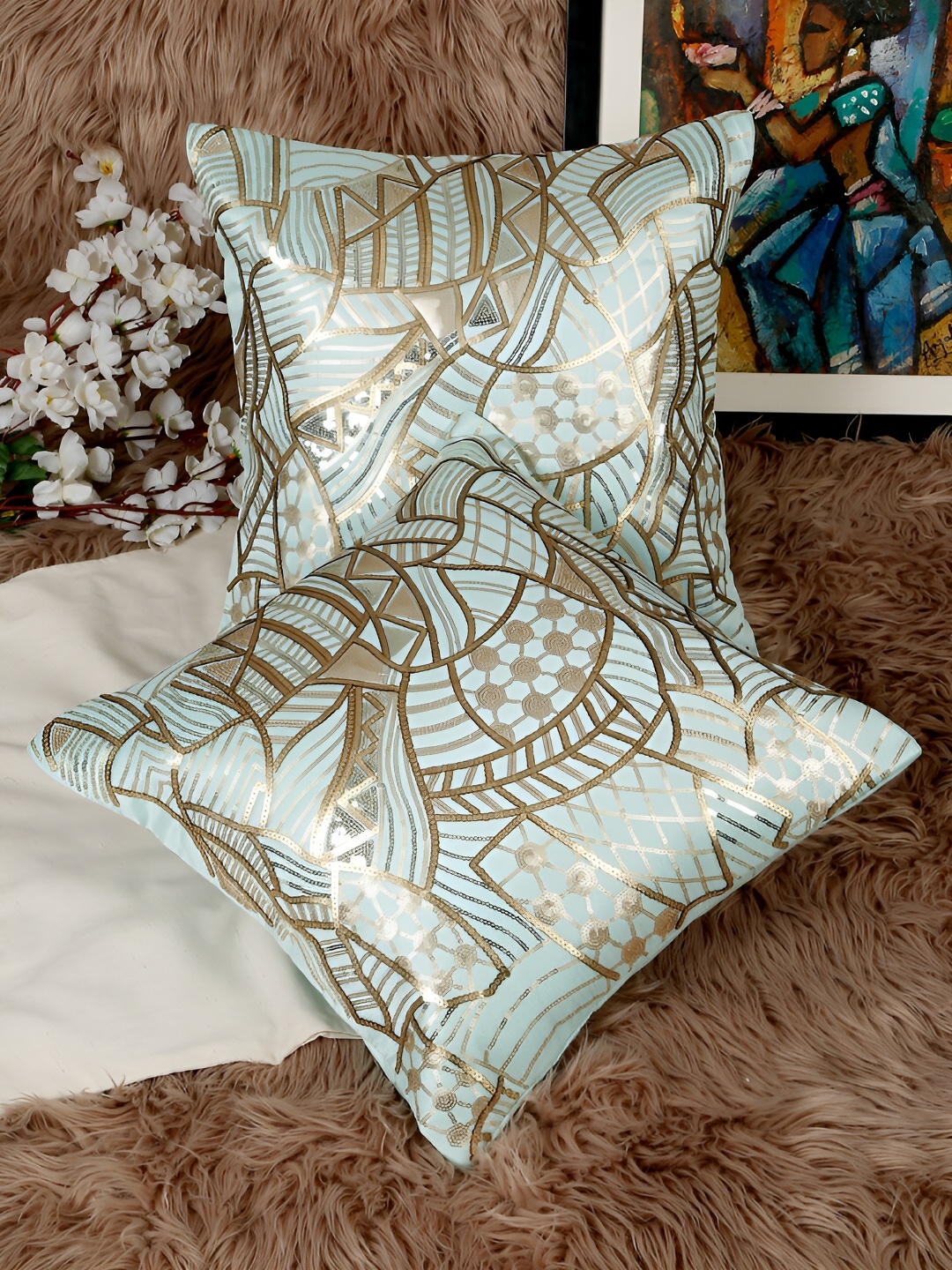 

HOSTA HOMES Blue & Gold-Toned 2 Pieces Ethnic Motifs Square Cushion Covers