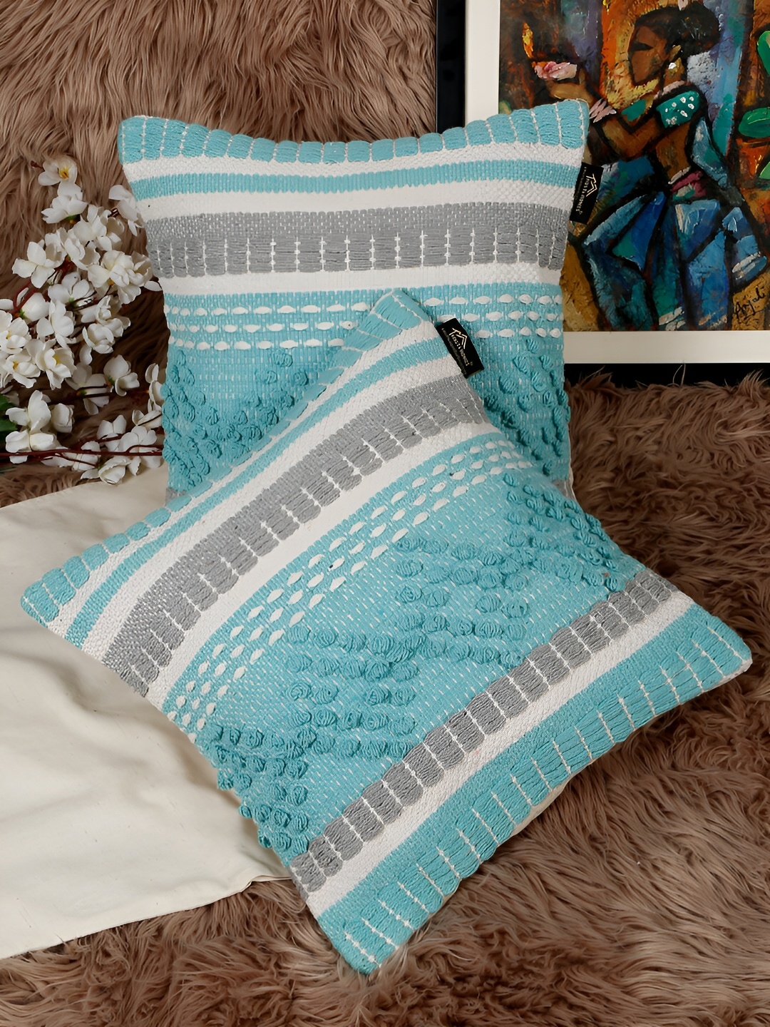 

HOSTA HOMES Blue & Grey 2 Pieces Geometric Cotton Square Cushion Covers