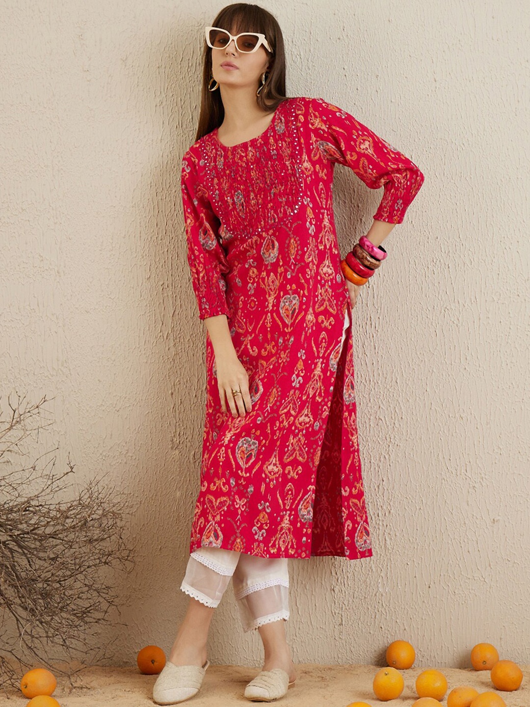 

Indo Era Ethnic Motifs Printed Round Neck Thread Work Straight Kurta, Magenta