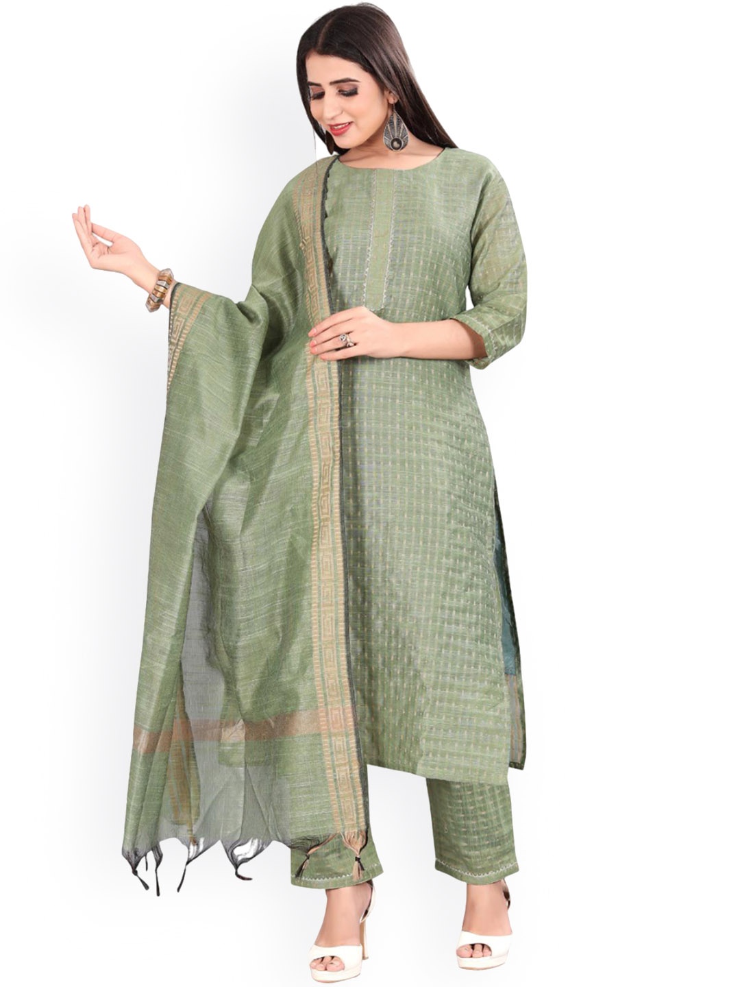 

FASHIRE Checked Woven Design Round Neck Straight Kurta with Trousers & With Dupatta, Green