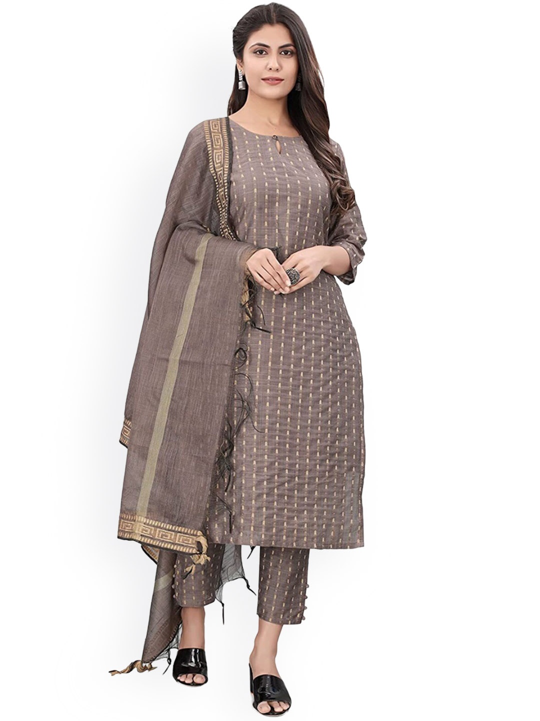 

FASHIRE Printed Keyhole Neck Three-Quarter Sleeves Kurta with Trousers & With Dupatta, Brown