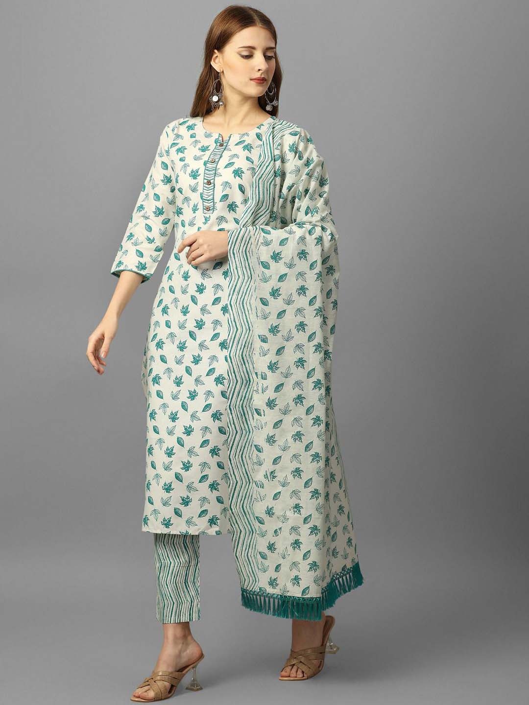 

FASHIRE Floral Printed Round Neck Pure Cotton Straight Kurta with Trousers & With Dupatta, Green