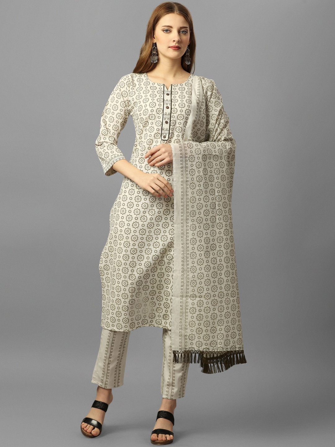 

FASHIRE Floral Printed Round Neck Pure Cotton Straight Kurta with Trousers & With Dupatta, Grey