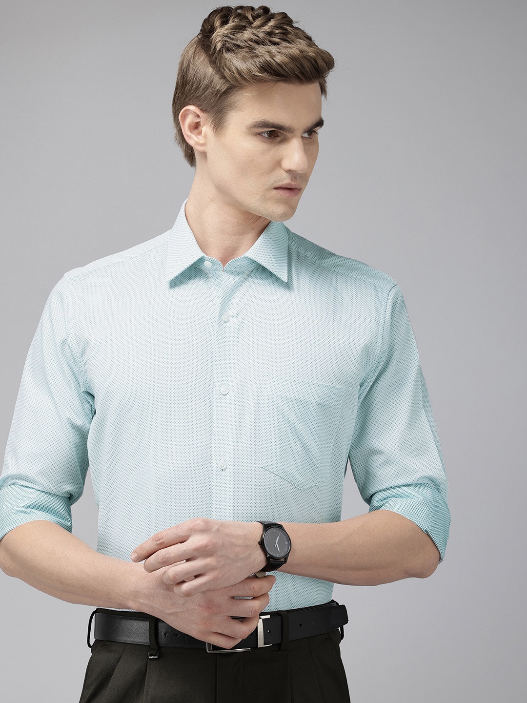

Van Heusen Pure Cotton Self Design Textured Custom Fit Formal Shirt, Green