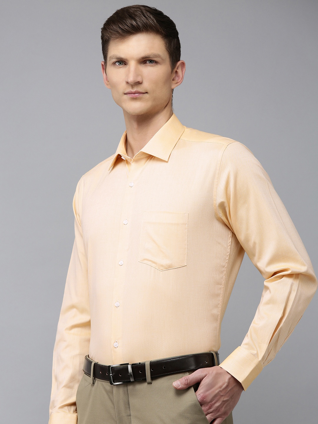 

Van Heusen Self Design Custom Fit Opaque Pure Cotton Formal Shirt, Yellow