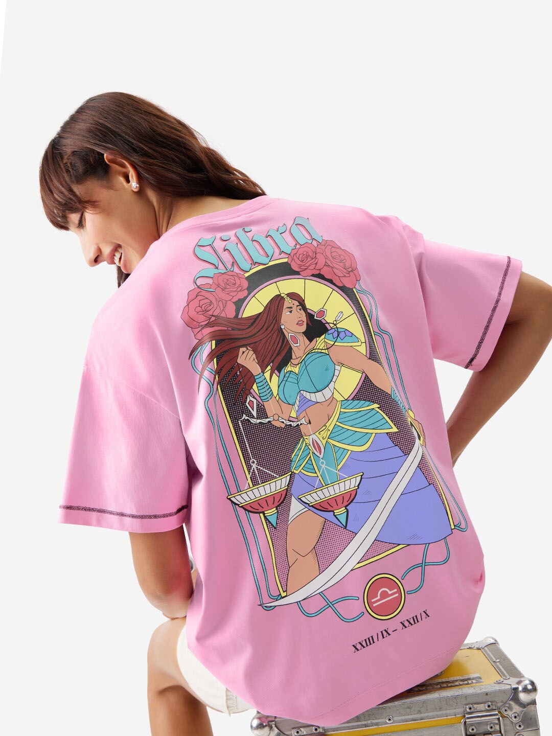 

The Souled Store Libra Printed Drop-Shoulder Sleeves Pure Cotton Oversized T-shirt, Pink