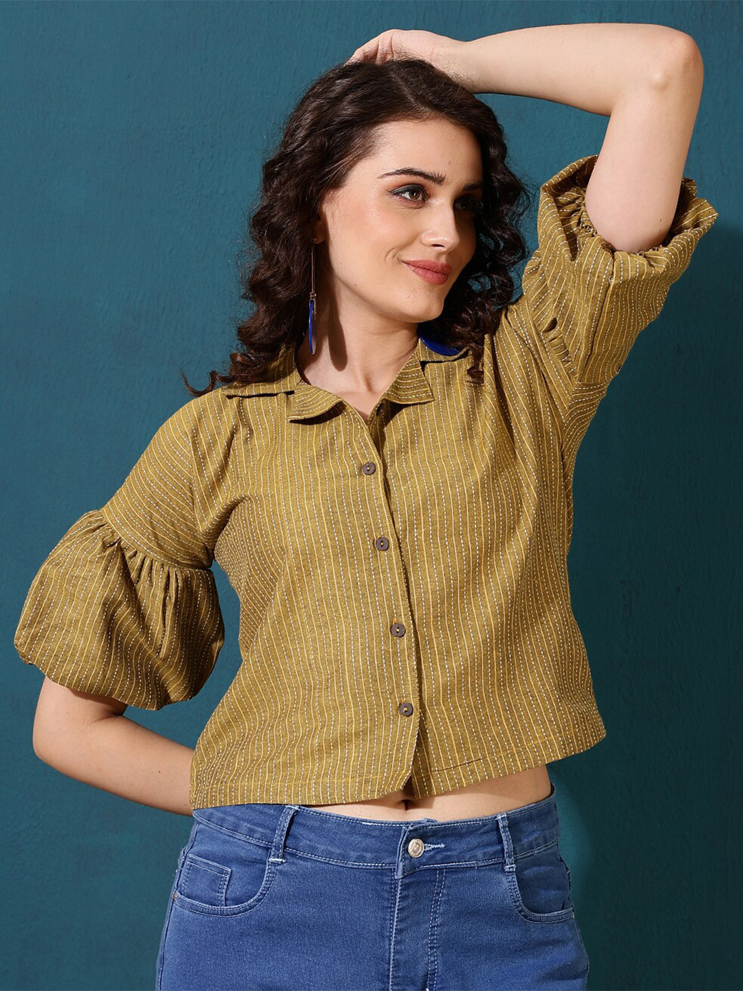 

AKIMIA Striped Cotton Shirt Style Crop Top, Mustard