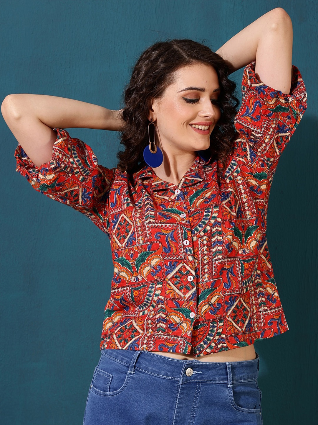 

AKIMIA Print Bell Sleeve Ethnic Shirt Style Top, Red