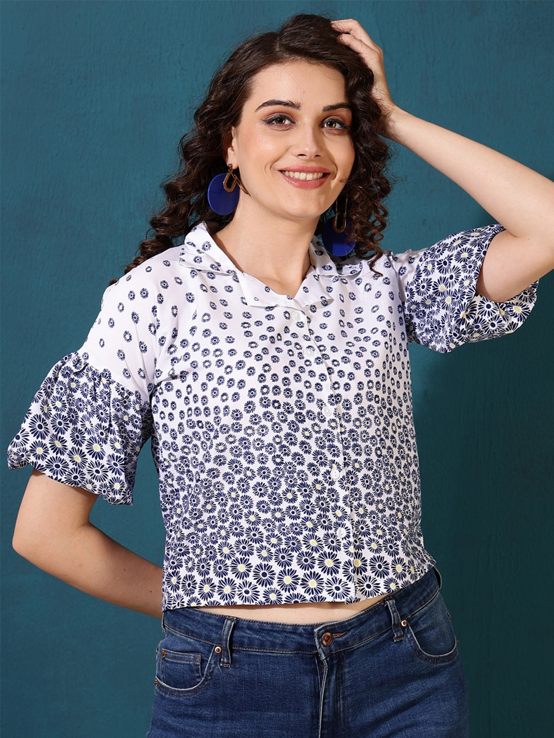 

AKIMIA Print Bell Sleeve Shirt Style Floral Crop Top, White