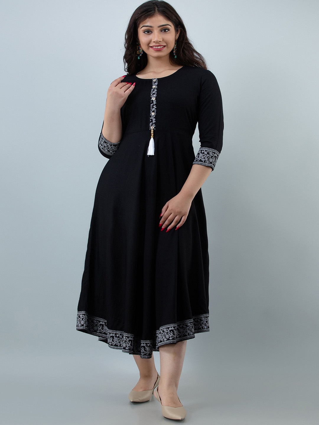 

PEARL IND Round Neck Rayon Anarkali Kurta, Black