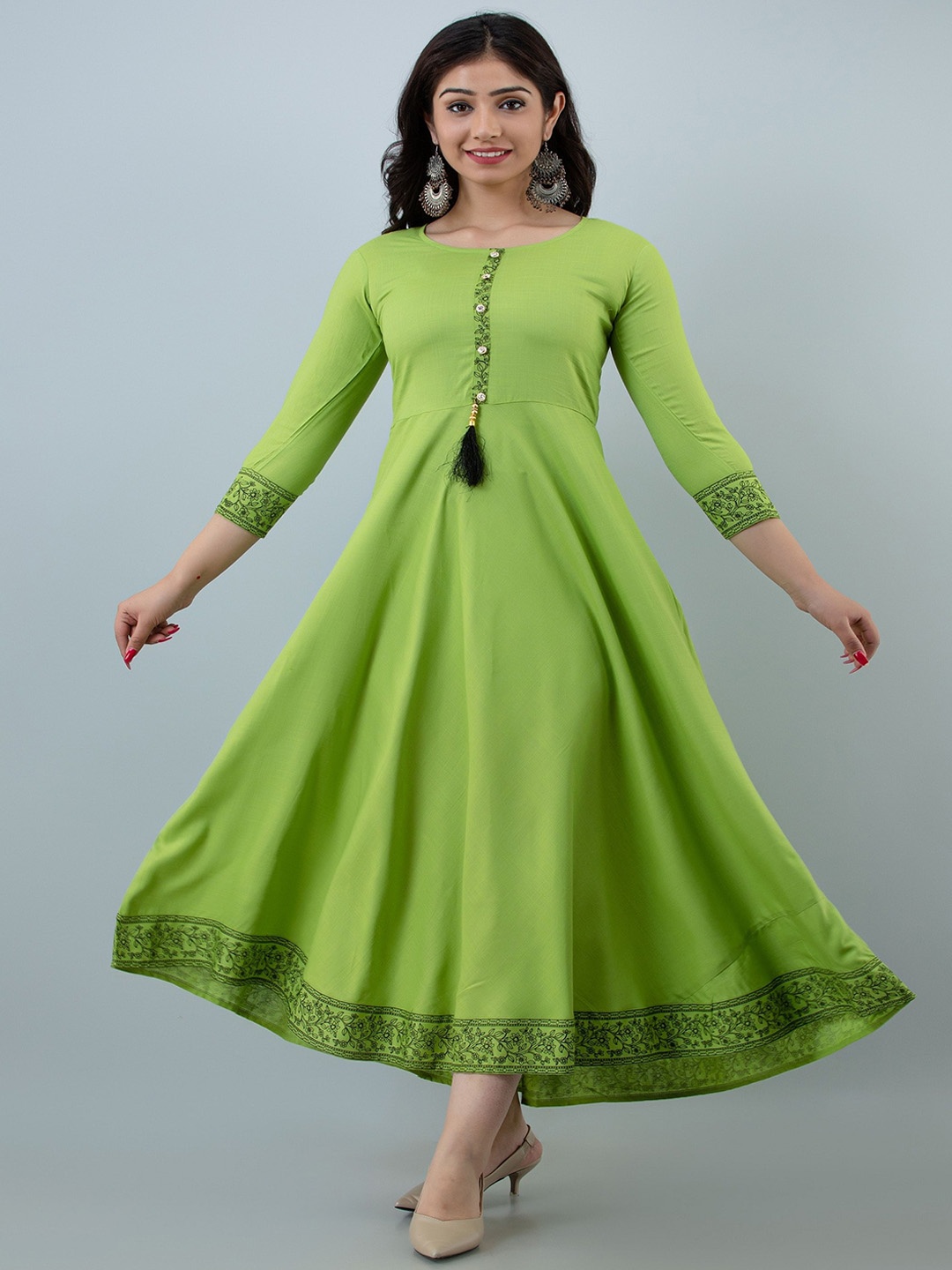 

PEARL IND Round Neck Rayon Anarkali Kurta, Green