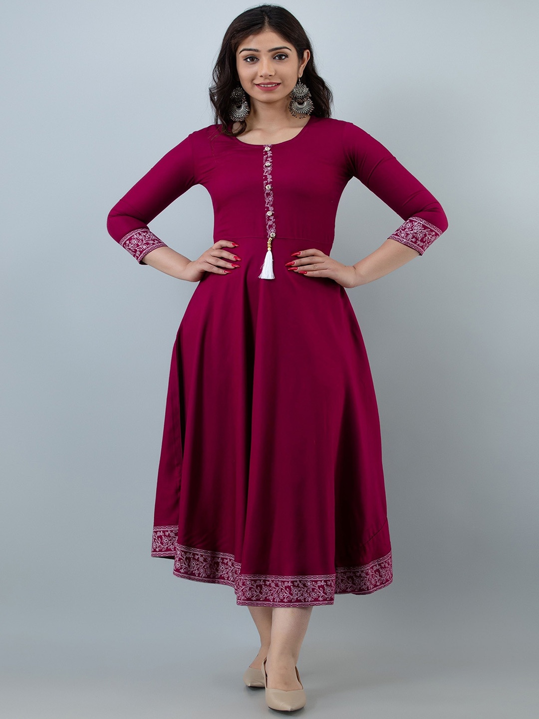 

PEARL IND Round Neck Rayon Anarkali Kurta, Burgundy