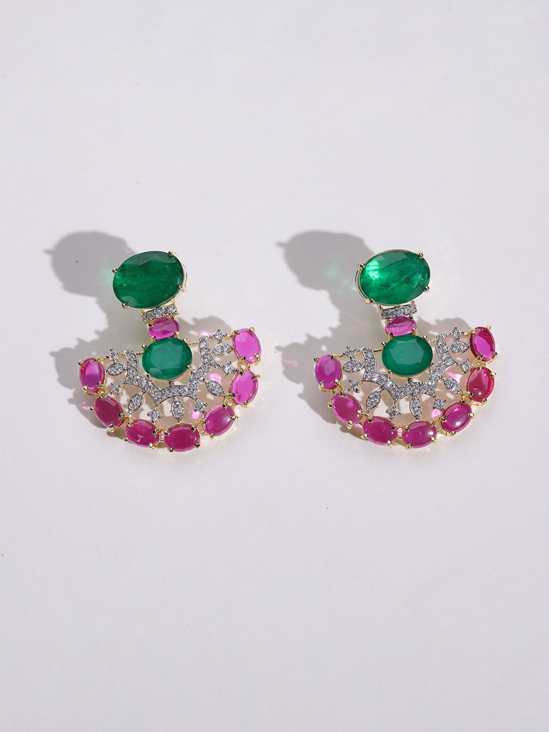 

MODARTA Stone-Studded Brass Classic Drop Earrings, Pink