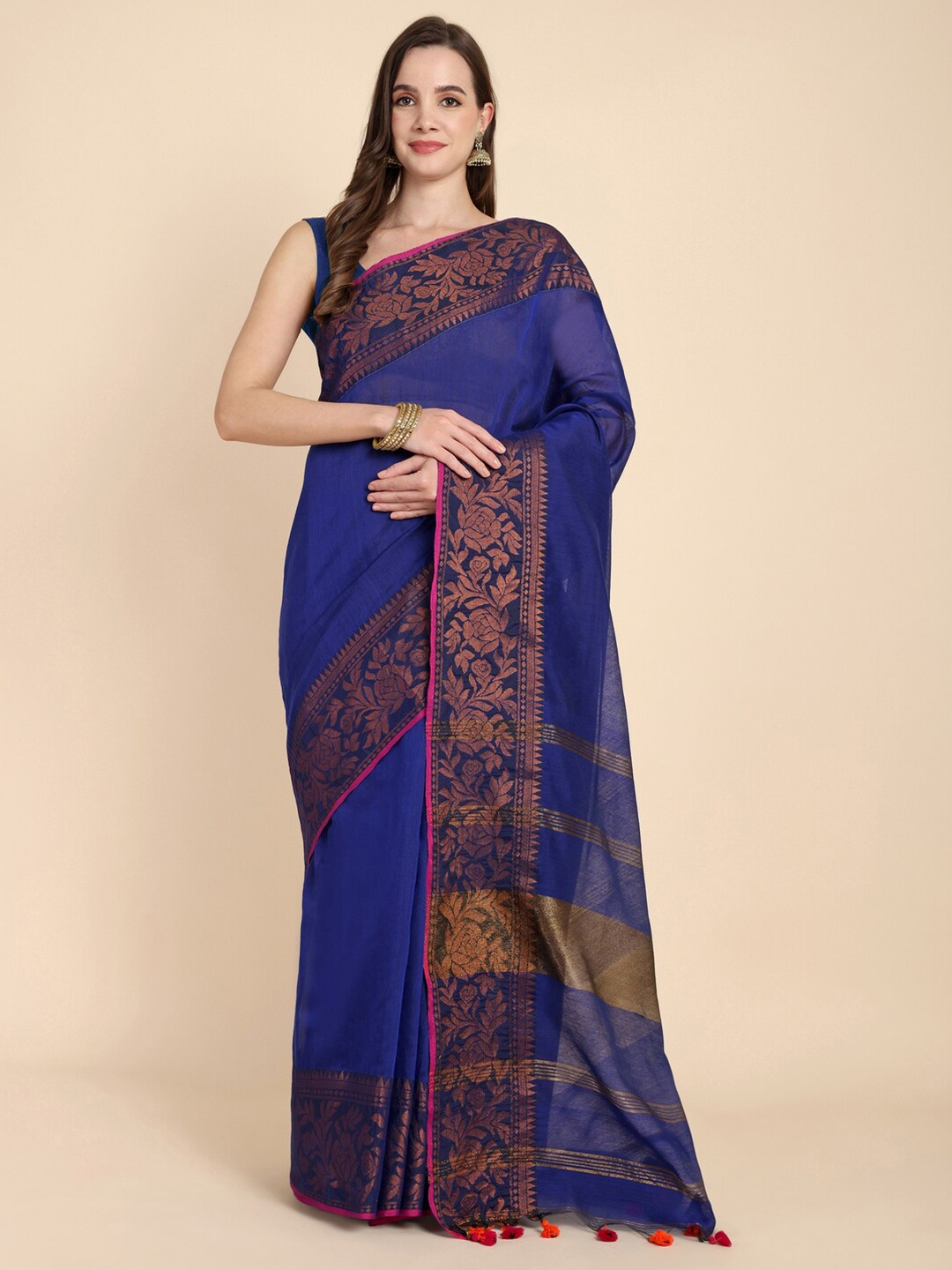 

SLAGHA Zari Silk Cotton Saree, Blue