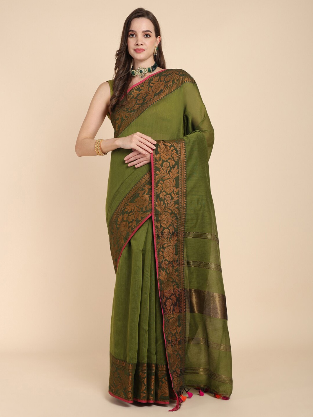 

SLAGHA Zari Silk Cotton Saree, Green