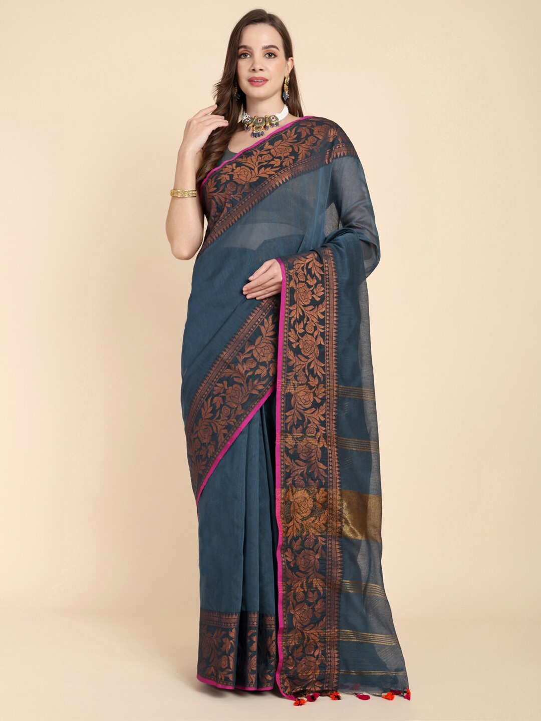 

SLAGHA Zari Woven Design Silk Cotton Saree, Grey