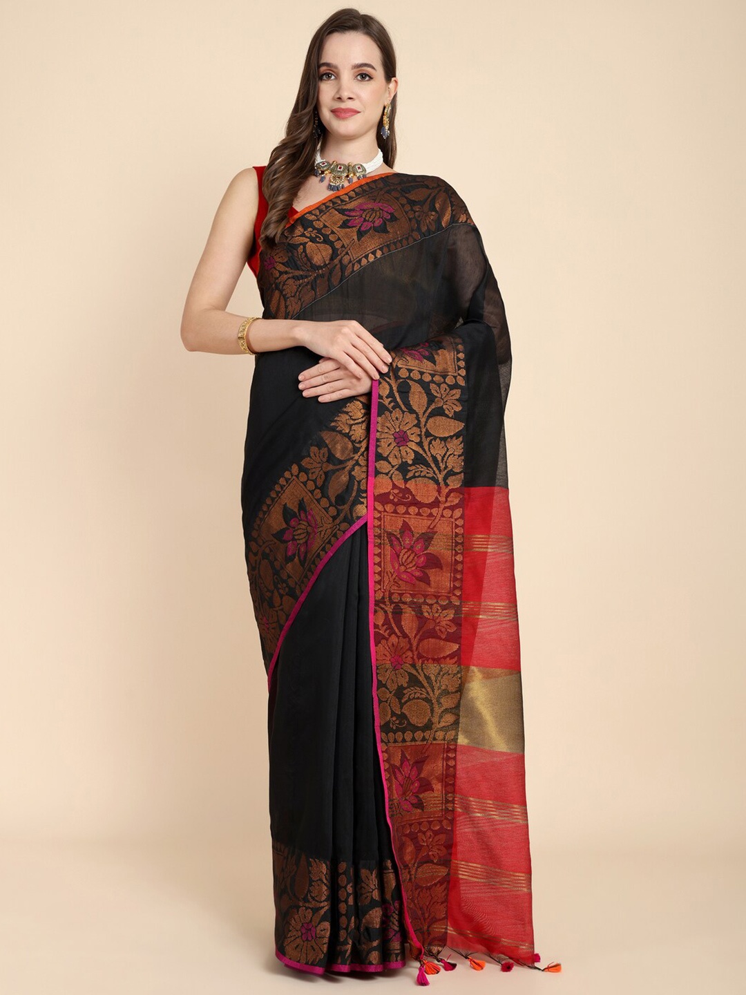

SLAGHA Zari Silk Cotton Saree, Black