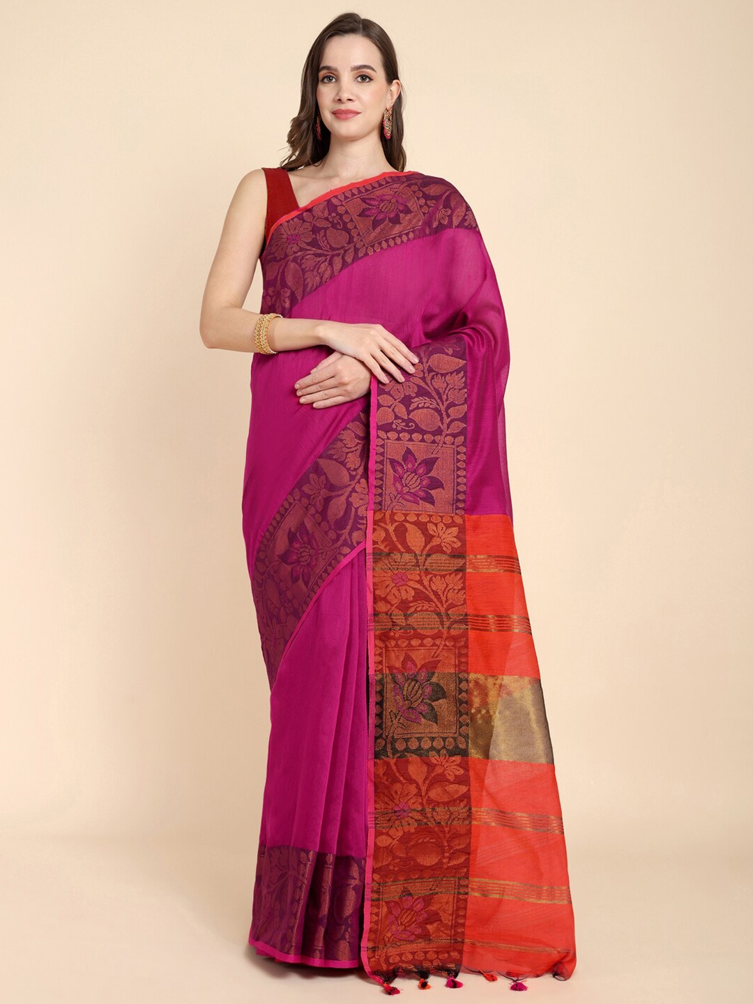 

SLAGHA Zari Silk Cotton Saree, Pink