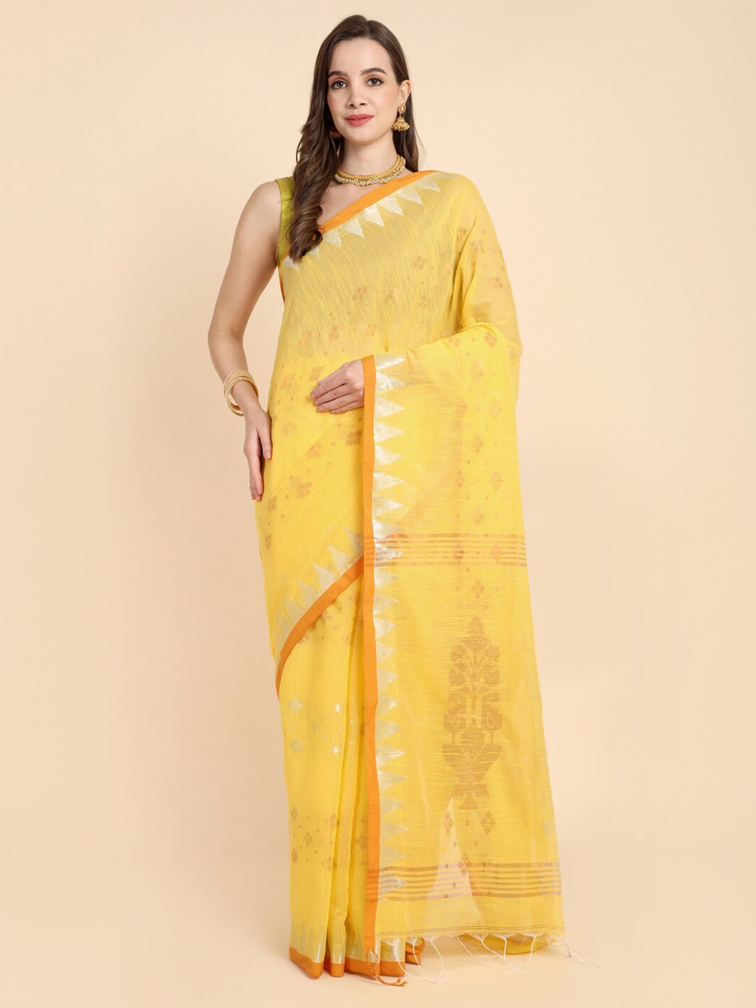 

SLAGHA Woven Design Zari Khadi Saree, Yellow