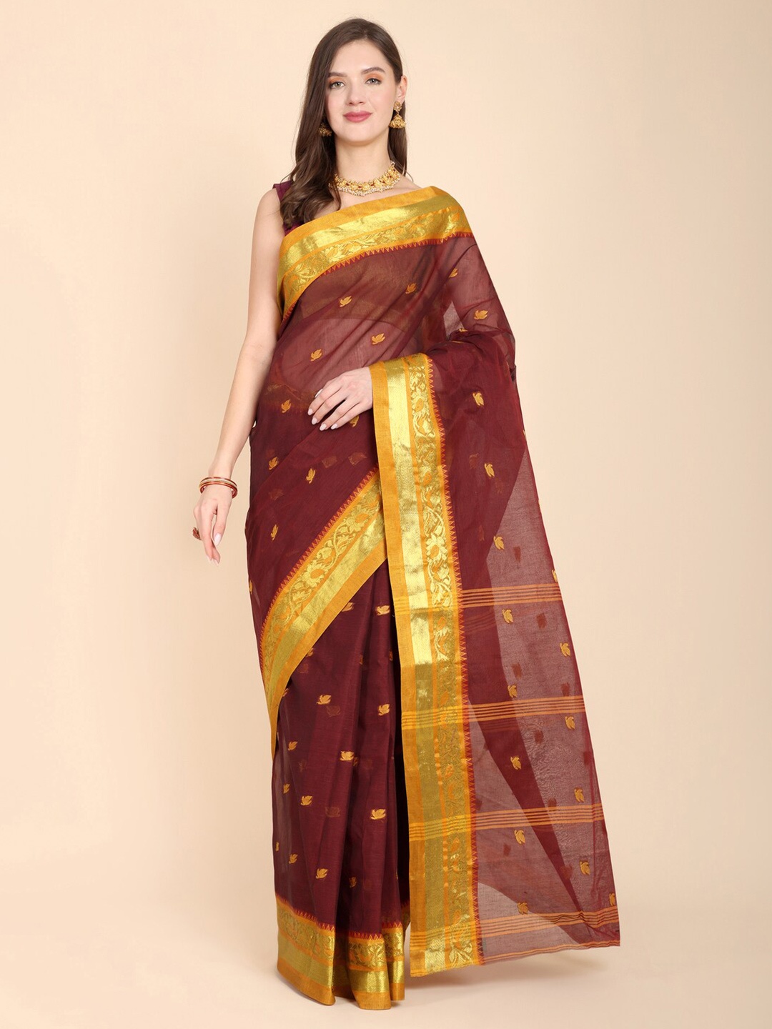 

SLAGHA Woven Design Zari Pure Cotton Taant Saree, Maroon