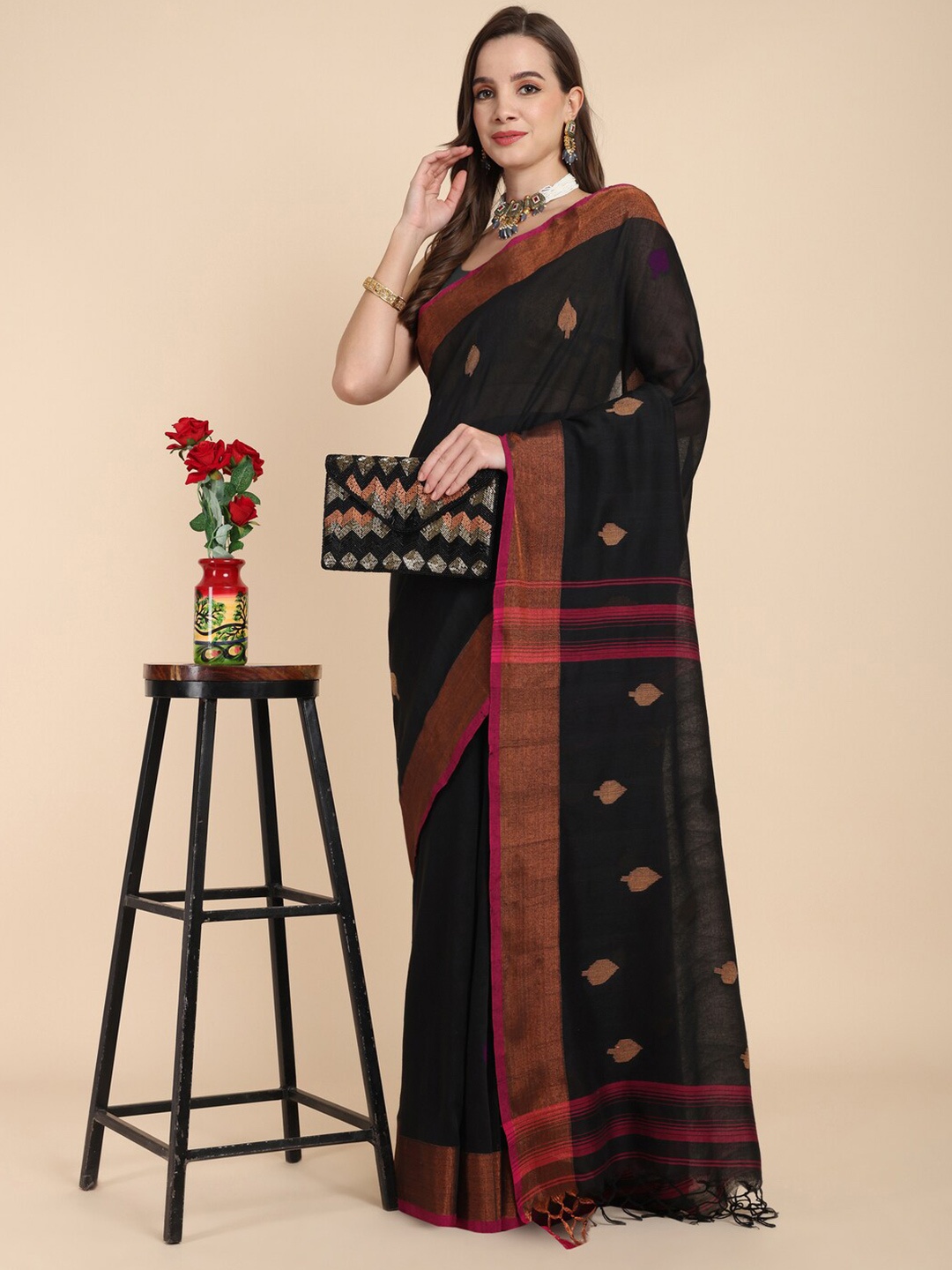 

SLAGHA Woven Design Zari Pure Cotton Khadi Saree, Black