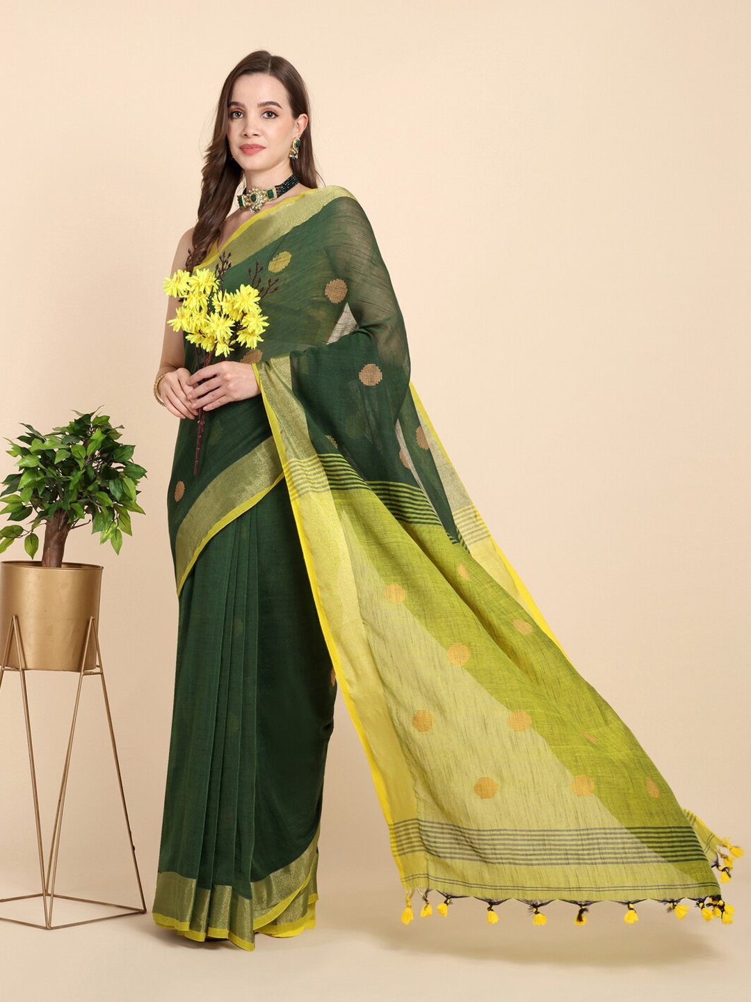 

SLAGHA Woven Design Zari Pure Cotton Khadi Saree, Green