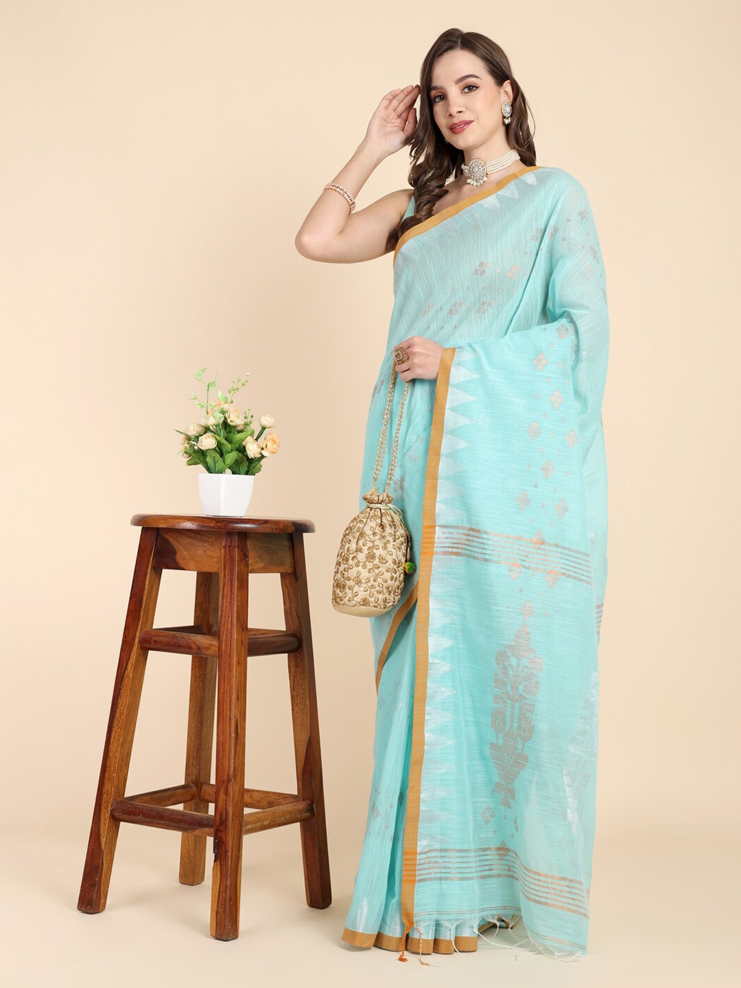 

SLAGHA Woven Design Zari Khadi Saree, Turquoise blue