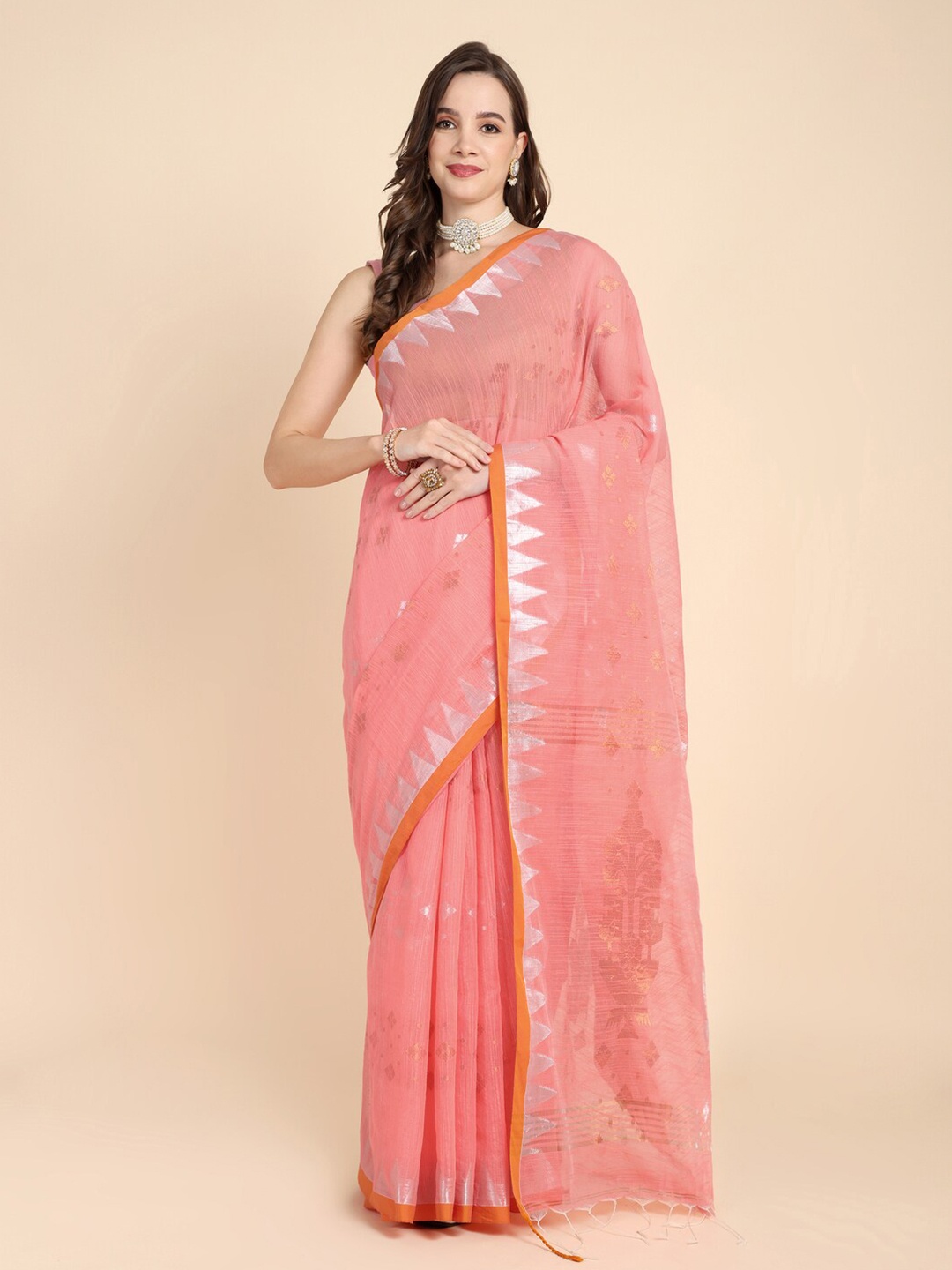 

SLAGHA Woven Design Zari Khadi Saree, Pink