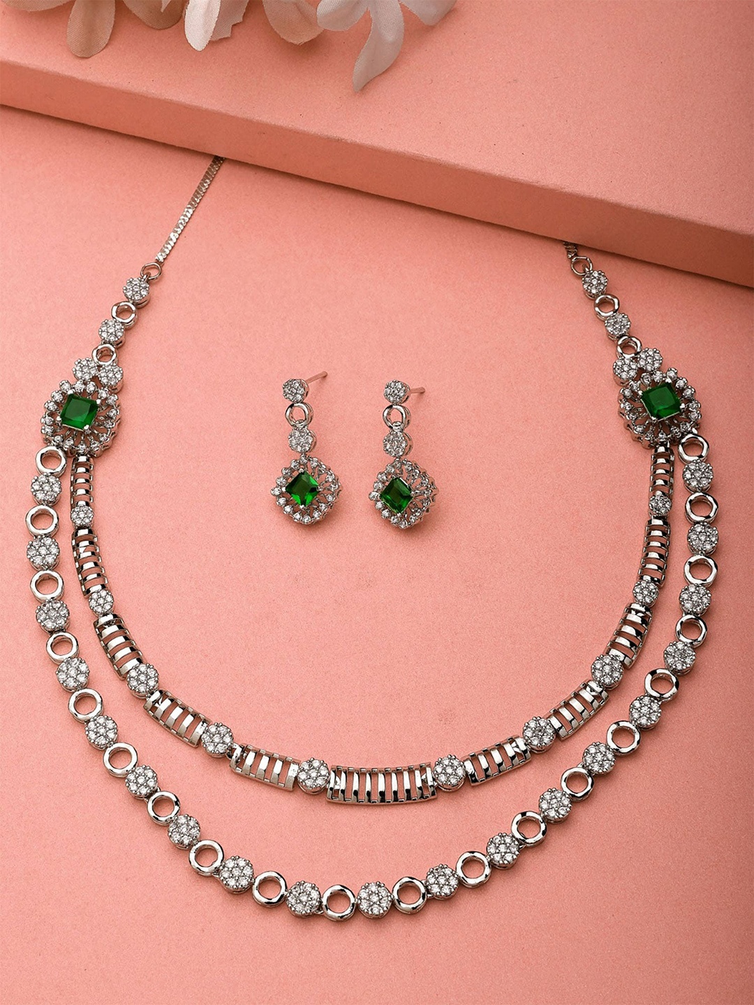 

KARATCART Rhodium Plated CZ Studded Jewellery Set, Silver